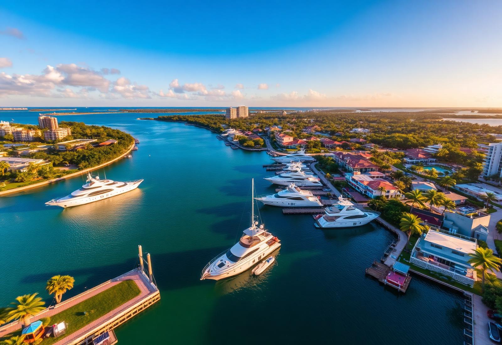 Fort Lauderdale waterway with luxury yachts at sunset
